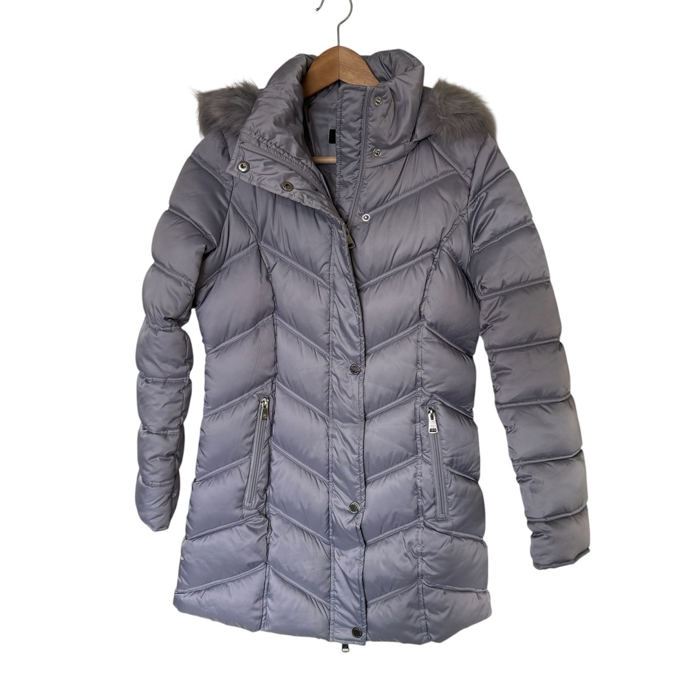 Kenneth Cole New York Womens Puffer Coat Faux Fur Hood Light Gray XS‎